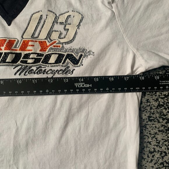 Women's Harley Davidson Bedazzled Orange and Black Letters V-neck White Shirt - Picture 5 of 7